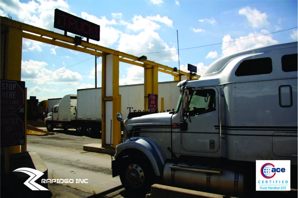 Freight trucks at a customs checkpoint, showcasing efficient cross-border logistics with PAPS and PARS.